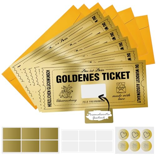 NEWJEK 6er Set Goldenes Ticket Gutschein Rubbelkarte zum Selber Ausfüllen | Inkl. Umschlag & Rubbelaufkleber, edle Goldfolie, DIY Wunschgutschein für Geburtstag & Reise, hochwertiger Karton