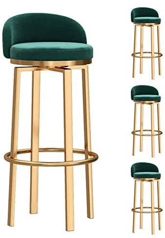 Mid Century Moderne Samt-Barhocker, 4 Stück, Thekenhöhe, Drehhocker mit goldfarbenen Beinen, niedriger Rückenlehne und grüner Polsterung, stilvolle Kücheninsel-Sitzgelegenheit