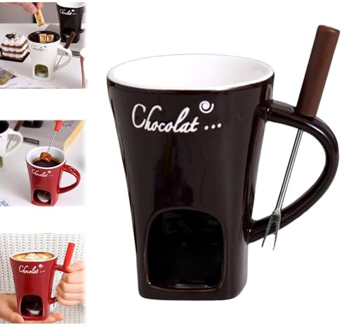 Schokofondue Tasse,Becher zum Schmelzen von Schokolade,Keramik Schokoladenfondue Tasse,Mehrzweck Chocolate Fondue Set mit Gabel und Teelicht,geeignet für Käse,Schokolade,Butter und Karamell (Schwarz)