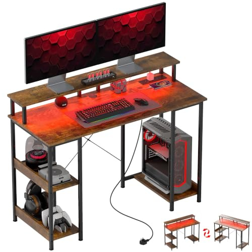 HOMCOM Computer Desk with Power Outlets, 120 x 50cm, Rustic Brown | LED Lights, Reversible Home Office Desk, Monitor Stand, 2-Tier Storage Shelves, PC Table, Cable Management