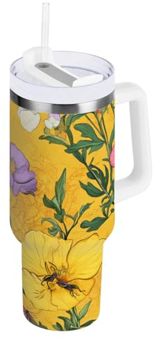 Aesthetic Portulaca Grandiflora - Vaso de vacío dorado de 40 onzas con tapa de popote, botella de agua para niños, boca ancha, taza de té, regalos para mujeres, hombres, él y ella