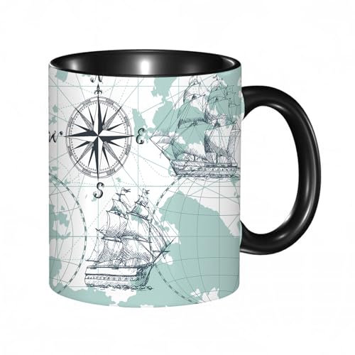 HRRASFAZF Taza divertida de cerámica de 11 onzas,Conjunto de objetos de diseño náutico: barcos de vela, yates, brújulas.,Tazas Originales de Desayuno - Graciosos Ideas para Regalos - Cerámica 330 ml