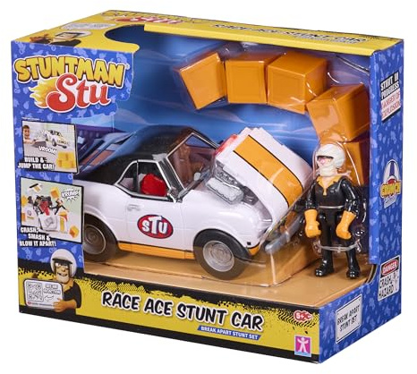 BANDAI, Stuntman STU Coche Acrobático Race Ace, Vehículo de Acrobacias Desmontable con Figura y Pared de Cajas para Impacto, App con Efectos Especiales, Multicolor, COSS8200