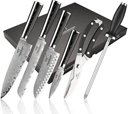 NANFANG BROTHERS Damascus Knife Set with Premium Box,Japanese Knife Set,Chefs Knife Sets Professional,6 Pieces,Chef Knife, Bread Knife, Santoku Knife,Paring Knife, Knife Sharpener, Shear
