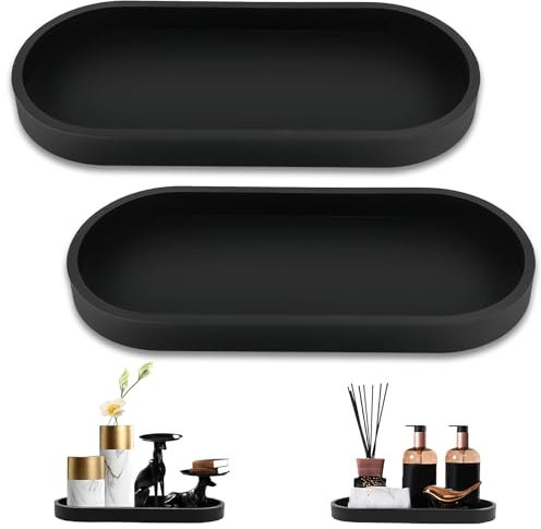 Badezimmer Tablett, Silikon Deko Tablett, Schwarz Badezimmertablett 25 * 11cm Oval Schminktisch Ablageschale für Wohnzimmer, Schlafzimmer, Badewanne und Küchenspüle (2 Stück)