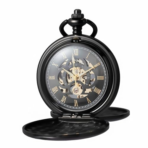 Kchss Mechanical Pocket Watch with Chain - Retro Smooth Classic Handwind - Roman Numerals for Men & Women Black