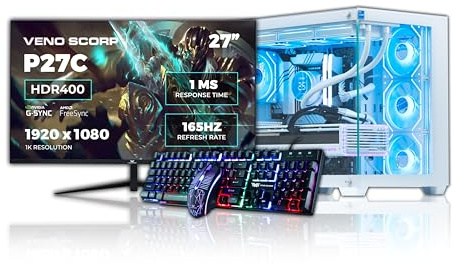 Veno Scorp Gaming PC Bundle AMD Ryzen 5 5500 3.6 GHz RTX 5060 8GB 16GB 3200MHz RAM 512 GB NVME 650W 80+ PSU Windows 11 - WiFi - Nem 4 White - Liquid Cooling - 27 165HZ + RGB Keyboard & Mouse