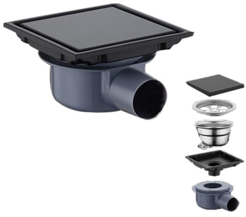 Canalina per doccia quadrata 15 x 15 cm,Piletta Doccia a Pavimento,Nero Scarico Pavimento Doccia,Con Sifone Antiodore a 360°,Filtro Antiodore e Filtro Per Capelli,Per Bagni,Cantine,Interni Ed Esterni