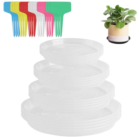 16 sottobicchieri per piante e piante, rotondi, in plastica, per interni ed esterni, con 24 etichette