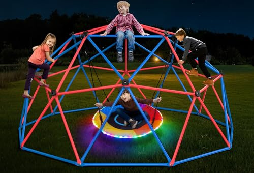 Hapfan Climbing Dome Swing Set with LED Saucer Swing, Jungle Gym for Kids Outdoor Backyard, Supports 800lbs, Easy Asssembly, Rust-Resistant Outdoor Playset for Ages 3-8 8-12