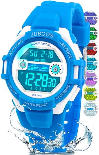 Juboos Kids Digital Watch for Boys Girls 5-18, 7 Colors LED Light Kids Sports Outdoor Wristwatch, Waterproof Watch with Alarm, Stopwatch