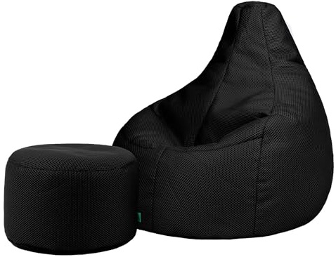 Icon Performance Mesh Gaming Sitzsack mit Hocker, Schwarz, Webstoff, Sitzsack Erwachsene mit Füllung, Bean Bag, Gaming Stuhl, Lounge Sessel, Lounge Stuhl, Schlafzimmer, Wohnzimmer