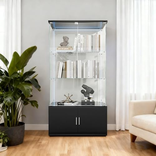 Glasvitrine Standvitrine mit LED Beleuchtung,Sammlervitrine mit 3 Glasböden & Aufbewahrungsschrank, Vitrine mit Beleuchtung für Wohnzimmer (Schwarz, Vitrine mit Doppeltüren, 3 Ebenen + LED-Leiste)