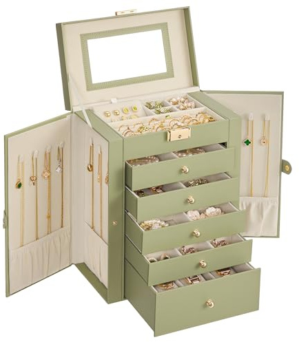 SONGMICS 6-Layer Jewelry Box Organizer with 5 Drawers, Jewelry Storage Case with Lock and Mirror, Large Storage Capacity, Gift for Loved Ones, for Necklaces, Watches, Sage Green UJBC152CE01S