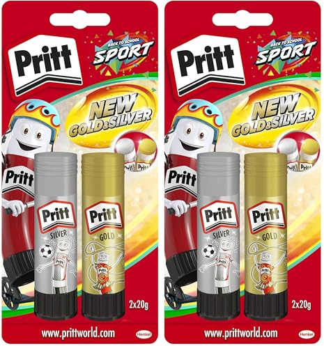 Pritt Barras de pegamento doradas y plateadas, pegamento seguro y apto para niños para artes y manualidades, adhesivo fuerte para la escuela y suministros de oficina, 2 bolígrafos Pritt de 20 g