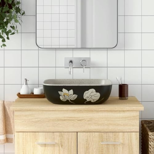 Mokuyary Vasque à poser gris/noir rectangulaire 48x37,5x13,5cm céramique Lavabo, Vasque à Poser au-dessus du Comptoir pour Salle de Bains, WC d'invités, Hôtel, Toilettes