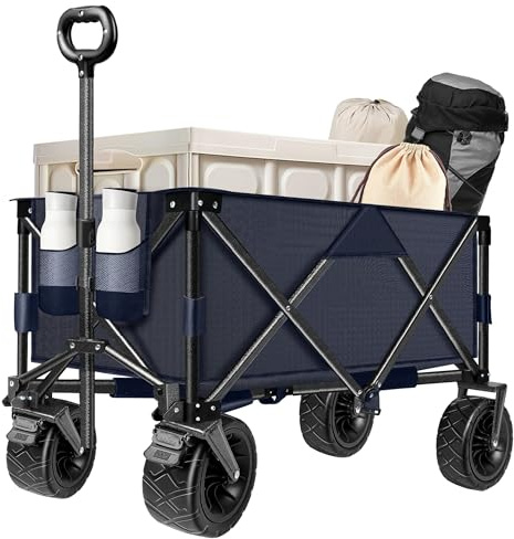 Bollerwagen Faltbar mit Extra Breite Reifen und Bremse, Verstellbarem Griff Faltbarer Bollerwagen Strand, Alle Gelände Klappbarer Bollerwagen mit Seitentasche Getränkehalter