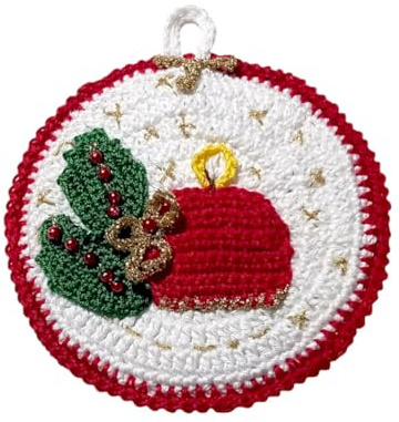 Presina di Natale Bianca con Candela ad Uncinetto 13.5 cm, in Cotone, Protezione Calore Cucina, Idea Regalo Mamma e Nonna (26NT)