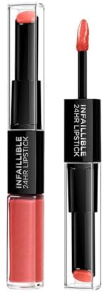 L'Oreal Paris Lippen Make-up Infaillible Lippenstift, 404 Corail Constant/Liquid Lipstick für 24 Stunden volle Lippen mit feuchtigkeitsspendendem Lippenpflege - Balsam, 1er Pack