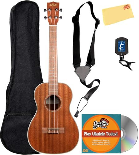 Kala KA-BG Bariton-Ukulele aus glänzendem Mahagoni, natürliches Paket mit Gigbag, Stimmgerät, Gurt, Austin Bazaar Anleitungs-DVD und Poliertuch