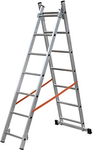 Scala A Due Elementi In Alluminio, Utilizzabile A Sfilo O A Cavalletto. Dotata Di Stabilizzatore Di Base, Tirante Antiapertura E Limitatore Di Altezza.