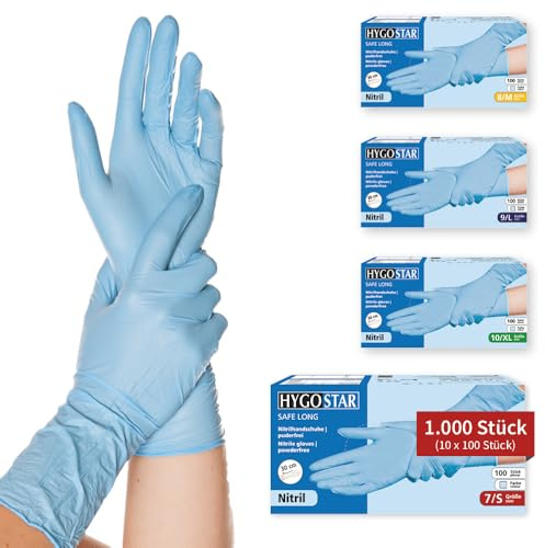 FRANZ MENSCH Hygostar Nitrilhandschuhe Safe Long | Latex- und puderfrei, blau, 7/S, 30cm, 1000 Stück, Einweghandschuhe, extra lang und robust, langer Schaft