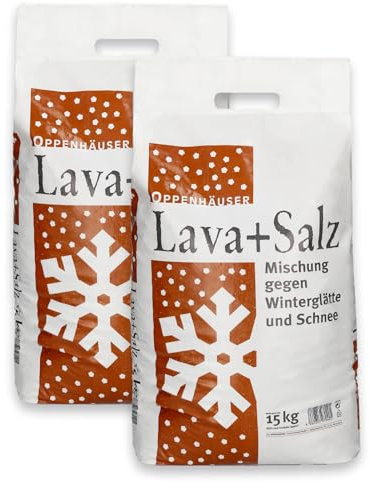 OPPENHÄUSER Lava-Salz Gemisch 30kg gebrochen & gesiebt: 80% Lavastreu 20% Streusalz (DIN EN 16811-1), schnell & langanhaltend, für Gehwege & Straßen, Premium Qualität - 2x15kg