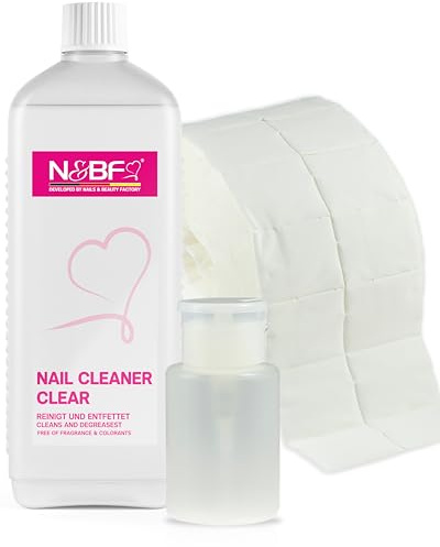 NAILS FACTORY | N&BF Nagel Cleaner Set 1000ml + Dispenser Pumpflasche + 1000 Zelletten Cellulose Pads (2 Rollen à 500 Stück) - 70% Isopropanol-Alkohol isopropylalkohol 1L – für Gelnägel – (Weiss 150)