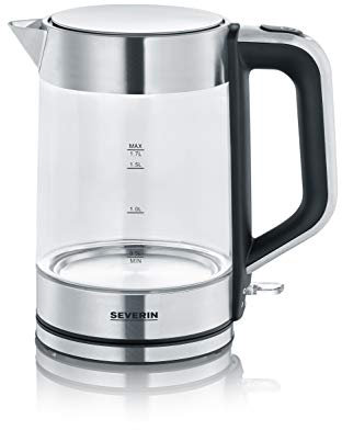 SEVERIN Wasserkocher, Glas, Edelstahl, kompakt und leistungsstark, 1,7 L, 100 Prozent BPA-frei, 2.200 W, WK 3420