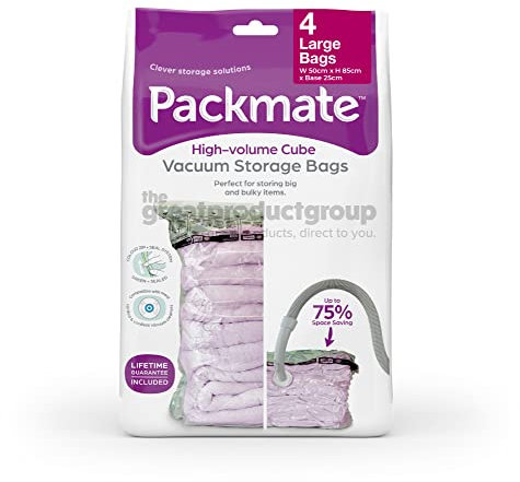 Packmate - 4 Large 85 x 50 x 25cm Cube Vacuum Storage Bag - Ideal for Storing Double Bedding, Duvets, Clothing, Coats, Jackets, Towels, Blankets and Much More
