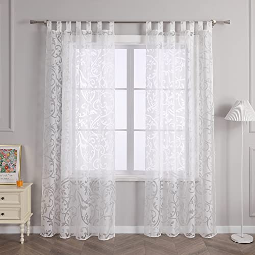 Delien Voile Ausbrenner Gardine mit Ranken Muster B140 x H245 cm, Weiß | 1 Stück,Mit Schlaufen,Transparenter Vorhang,Wohnzimmer Gardinenschals,Leicht,Luftig,Tür Fenster Dekochals,Modern Stores