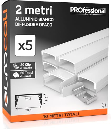 5x Profili da 2 metri in Alluminio Bianco per Strisce LED Schermatura Opaca | Ingombro max striscia led 21.5mm - 23.5 x 9.8