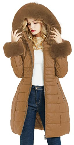 Geschallino Piumino Lungo da Donna Cappotto Parka con Inverno Imbottitura Bolle con Collo in Pelliccia Sintetica Rimovibile SS804 Marrone M