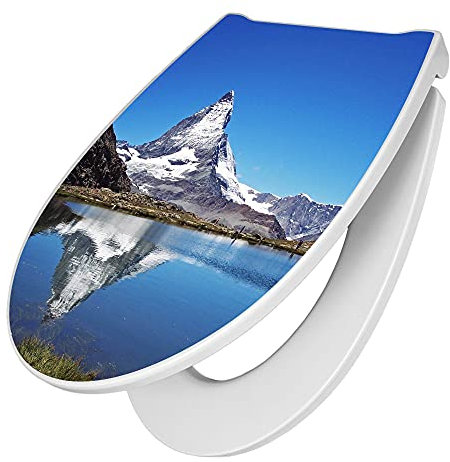banjado Premium Toilettendeckel mit Absenkautomatik 45x38,4cm / WC Brille Soft Close/hygienischer Toilettendeckel/Klodeckel Duroplast mit Edelstahl Scharnier/Motiv Matterhorn