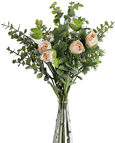 huaao 2pcs Künstliche Blumen Rosa wie echt Kunstblumen Frühling Schleierkraut Eukalyptus Blumenstrauß Pflanzen Blumenarrangements Hochzeit Rosen Seidenblumen für Tischdeko Büro Balkon Dekoration