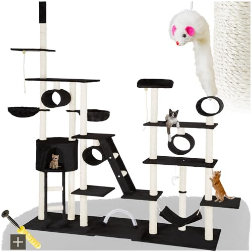 Tectake® XXL Kratzbaum für Katzen mit weichen Liegeplätzen, Sisalsäulen, Spielmaus, Hängematte, Spielbaum, 261 cm, Schwarz
