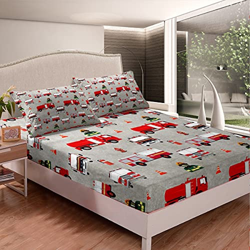 Loussiesd Kinder Feuerwehr Bettlaken Set Jungen Feuerwehr Feuerwehrmann Spannbettlaken 90x200cm Rotes Feuerwehrauto Fahrzeug Muster Spannbetttuch für Mädchen Schlafzimmer Dekor Mit 1 Kissenbezug