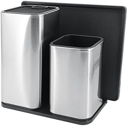 Beowanzk Black Knife Block Without Knives,Kitchen Knife Holder Only No Knives,Universal Empty Knife Storage Rack,Stainless Steel Knife Stand with Chopping Board,Sharpener,Scissor Holder