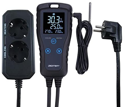 Digitaler Temperaturregler, 2-stufiger Thermostatauslass, Heiz- und Kühlmodus für Truhe / Gefrierschrank / Kühlschrank / Selbstgebrautes Gärgerät / Gewächshaus 110 V / 10 A / 1100 W