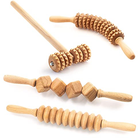 Tuuli Maderotherapie Holz Set, 3 Roller und T-Massager, 4-teilig | 4-teiliges Holzset, 3 Rollervarianten plus T-Massager für eine andere Handhaltung