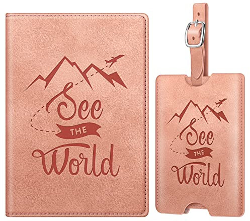 Fintie Reisepasshülle und Gepäckanhänger Set, Reisepass Impfpass Hülle mit RFID Blockier, Kofferanhänger mit Adressschild Namenschild für Reisetasche Koffer, Vintage Rosa