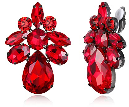EVER FAITH Strass Ohrclips Art Deco Blume Clip-on Ohrringe für Damen Mädchen Rot