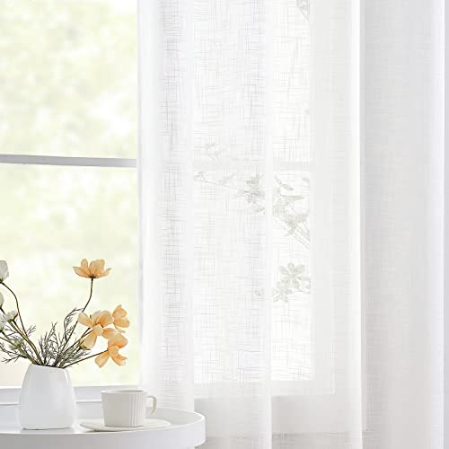 White Linen Semi Sheer Eyelet Curtains 90 Inch Drop for Bedroom, 2 Panels | Light Filtering, Faux Linen Curtain Panels for Living Room, Burlap Textured Window Drapes, Privacy Protection, Home Decor