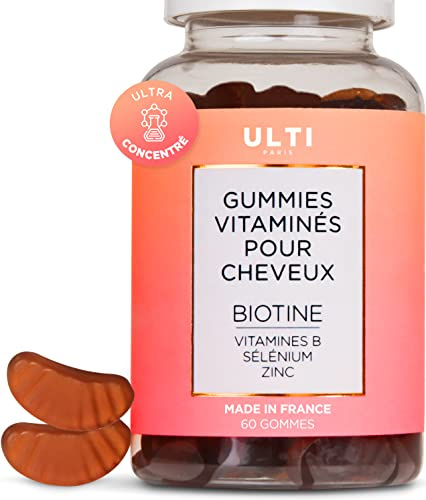 Ulti Paris Gummies à la biotine pour la pousse des cheveux - complement alimentaire cheveux - vitamine B12 vitamine D vitamine E - Végan & Made in France - zinc biotine cheveux repousse cheveux