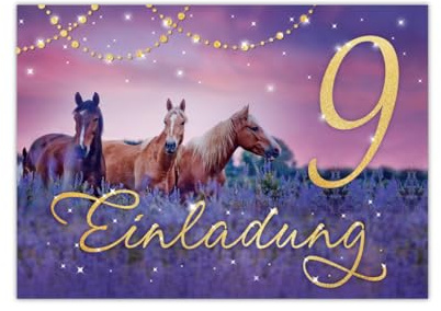 Junapack 12 Einladungskarten zum 9. Kindergeburtstag Pferd Motiv zum neunten Geburtstag für Mädchen Karte Einladung mit Pferde Fohlen lila Glitzer