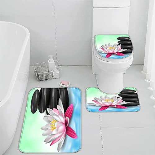 TiaoTian Badematten Set 3 teilig 50x80 Zen 3D Badezimmerteppich Set WC Vorleger Set rutschfeste Badematte Maschinenwaschbar Badteppich Set für Badezimmer badvorleger Kiesel Orchideen
