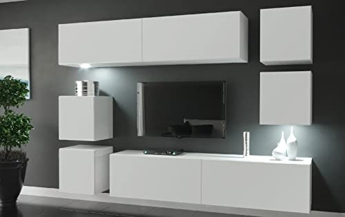 Furnitech Wohnwand Wohnzimmer | Hängend Wohnwand Modern | Wohnzimmer Schrankwand mit Regale und TV Schrank | Wohnzimmer Möbel ohne LED (Lima AN65-M-W2 1A Matt)