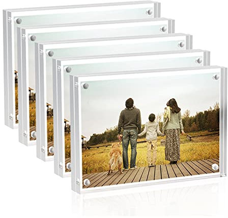 Sezanrpt Set di 5 Cornici Magnetiche in Acrilico Trasparenti - 6 x 9 cm, Portafogli 5 x 7 cm - Cornice da Scrivania Senza Bordo su Entrambi i Lati
