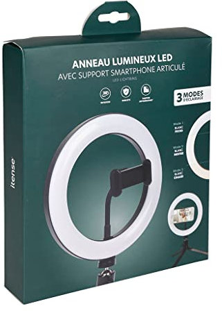 ITENSE - Anneau Lumineux LED - avec Support Smartphone articulé - 3 Modes d'éclairage - Livré avec Un câble USB et télécommande Filaire - Rotation 360° - Tampon antidérapant - Orientable
