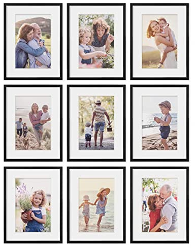 PHOTOLINI Bilderrahmen 30x40 Schwarz Holz MDF, 9er Set Bilderrahmen 40x30 cm mit Passepartout, bruchsicheres Acrylglas, Rahmen 30 x 40 zum Aufhängen, extra Zubehör - Rahmen 30x40 für Fotos & Poster